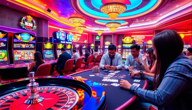 Experience thrilling gameplay at RR88 đăng nhập with vibrant casino tables, engaging slot machines, and excited players.