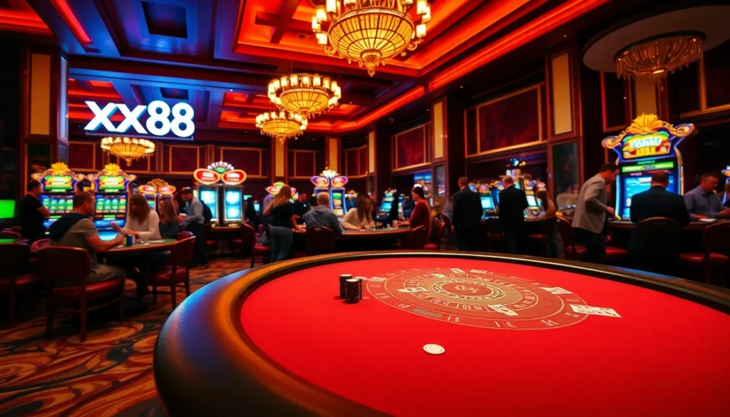 Experience the thrill of winning at xx 88 with vibrant tables, chips, and cards in a luxurious casino atmosphere.